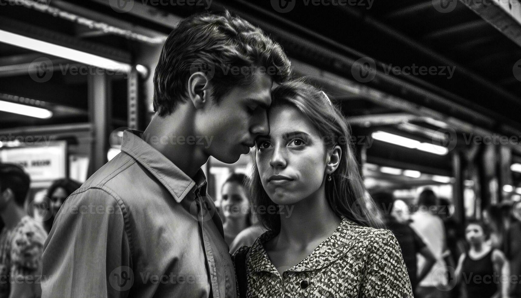 joven adulto Pareja abrazando, sonriente, y mirando a cámara al aire libre generado por ai foto