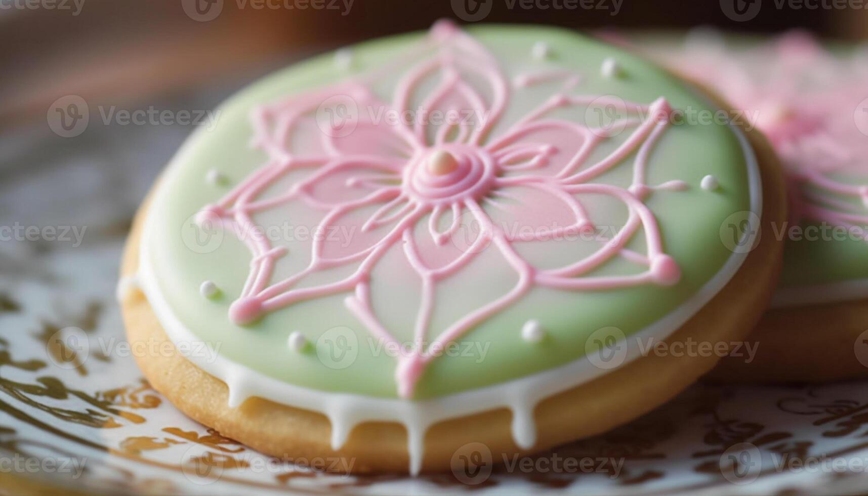 Homemade gourmet cookie with pink icing on a decorative plate generated by AI photo