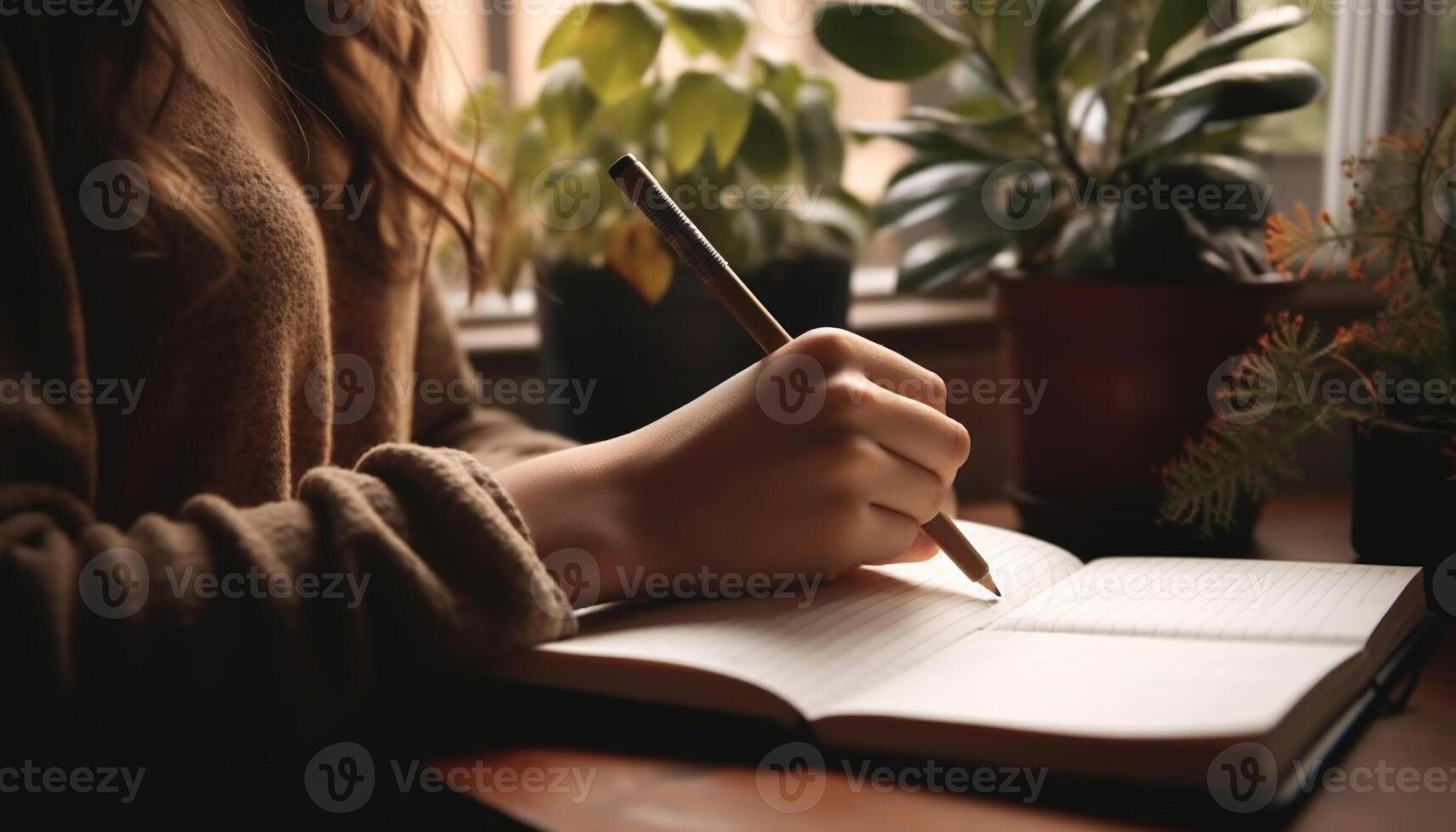 One woman studying at home, holding a textbook and pen generated by AI photo