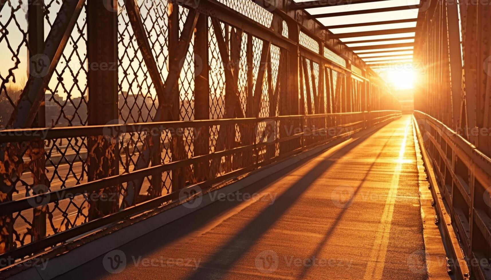 Sunset silhouette Modern bridge, steel frame, vanishing point, illuminated by sunlight generated by AI photo