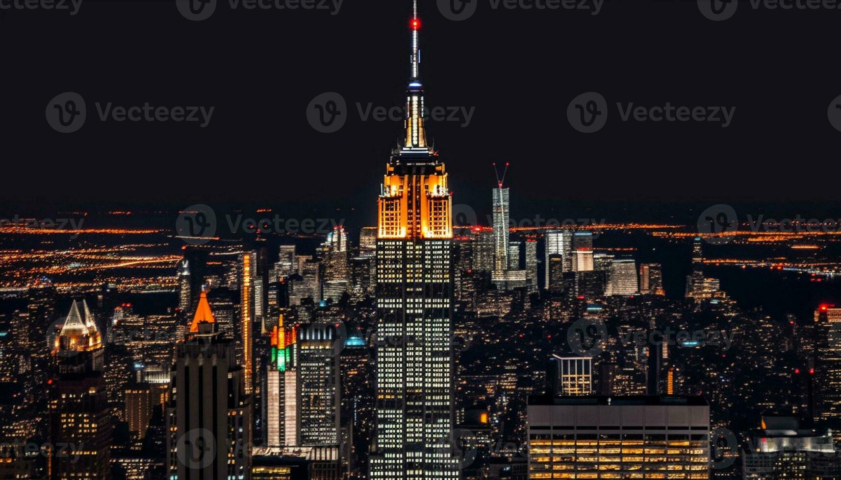 Nighttime cityscape with illuminated skyscrapers, famous architecture, and urban skyline generated by AI photo