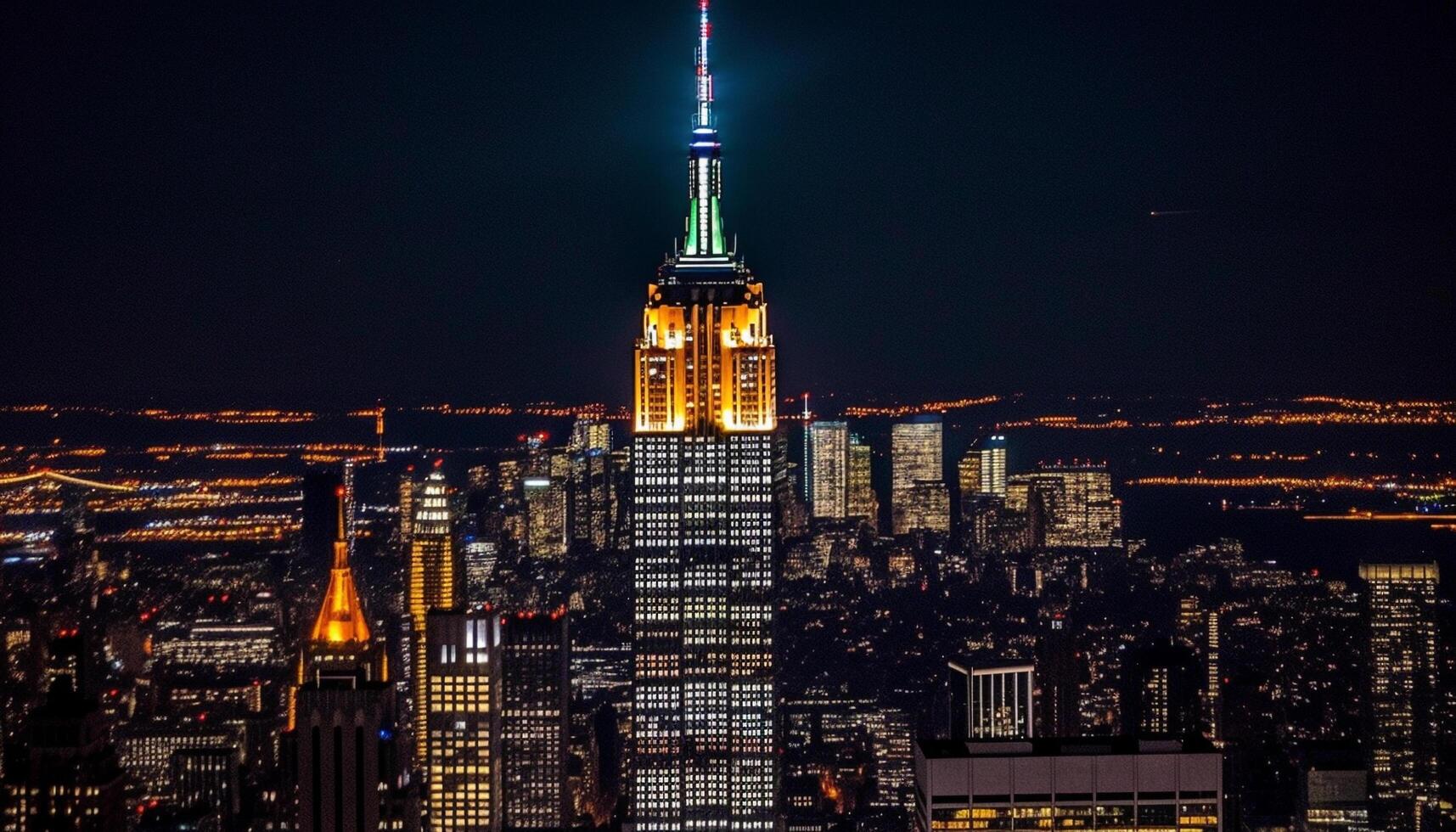 Night illuminates cityscape, skyscrapers glow, reflecting in water, famous architecture generated by AI photo