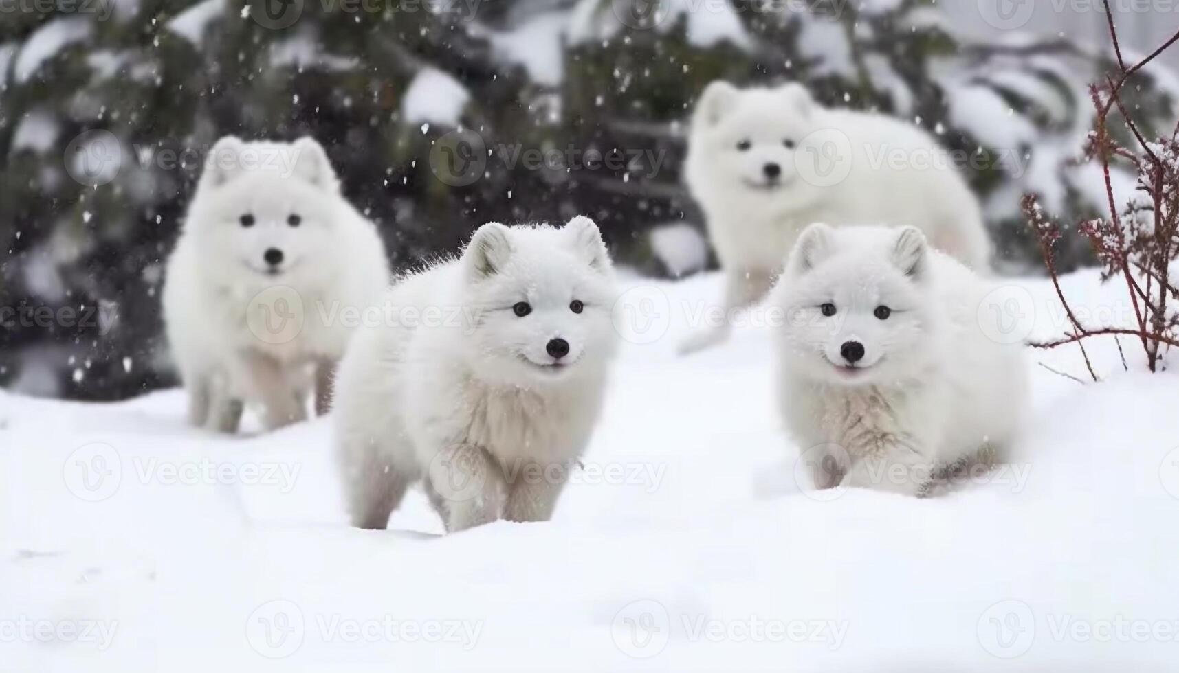 Cute Samoyed puppy playing in the snowy arctic outdoors generated by AI photo