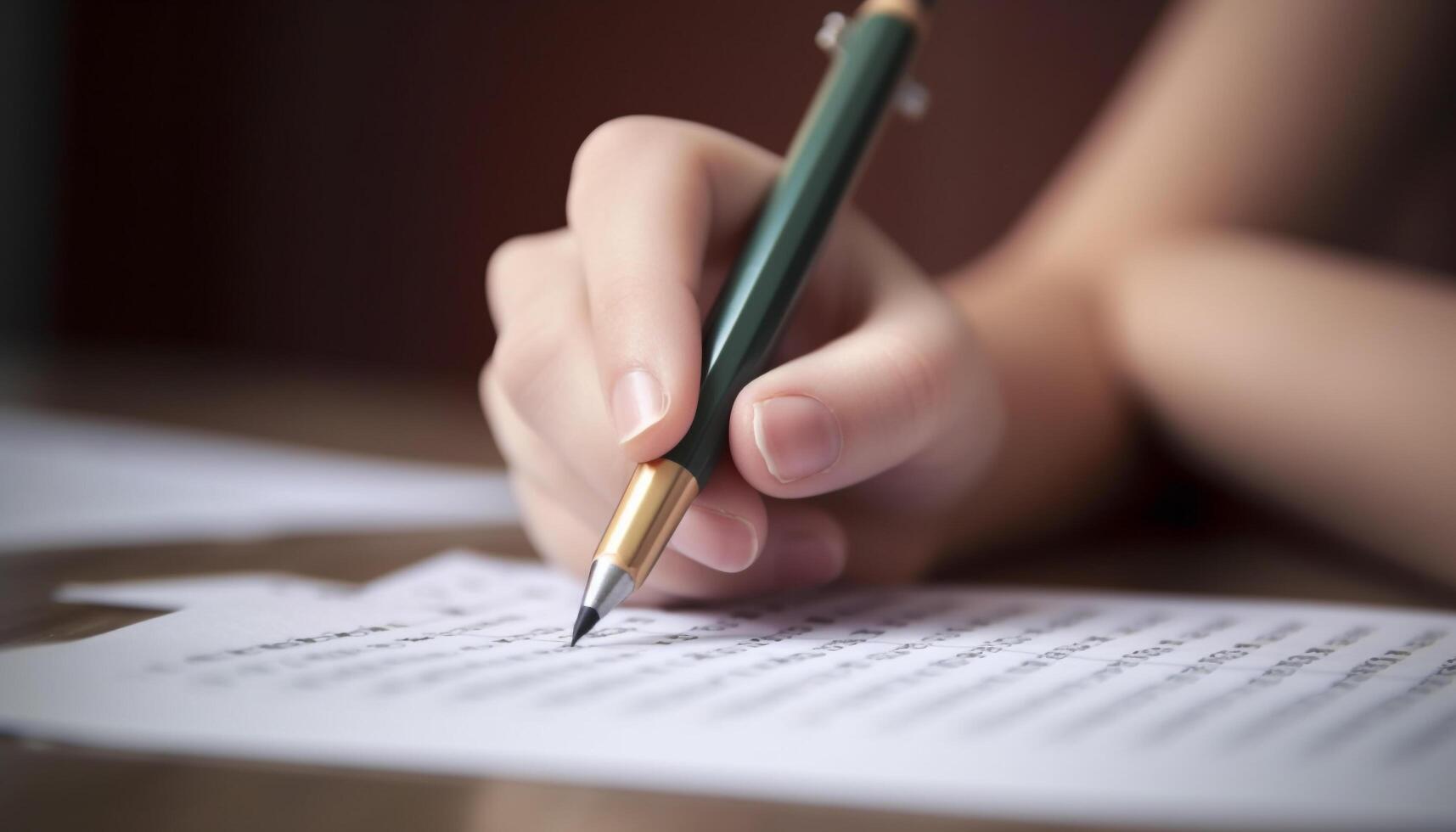 Caucasian woman studying, holding pen, analyzing data on desk indoors generated by AI photo