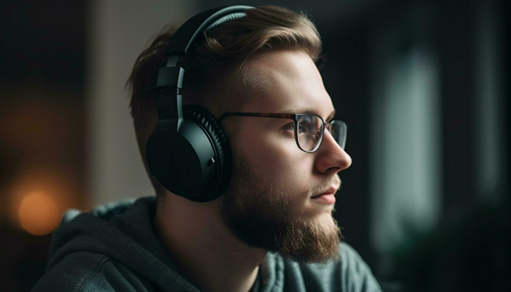 joven adulto caucásico masculino sentado adentro, vistiendo casual ropa y los anteojos, escuchando a auriculares generado por ai foto