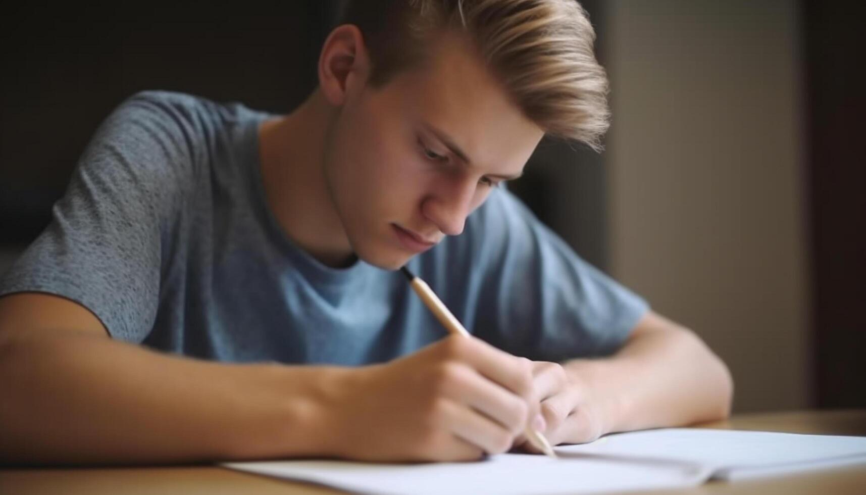 A young adult studying indoors, concentrating on homework with creativity generated by AI photo