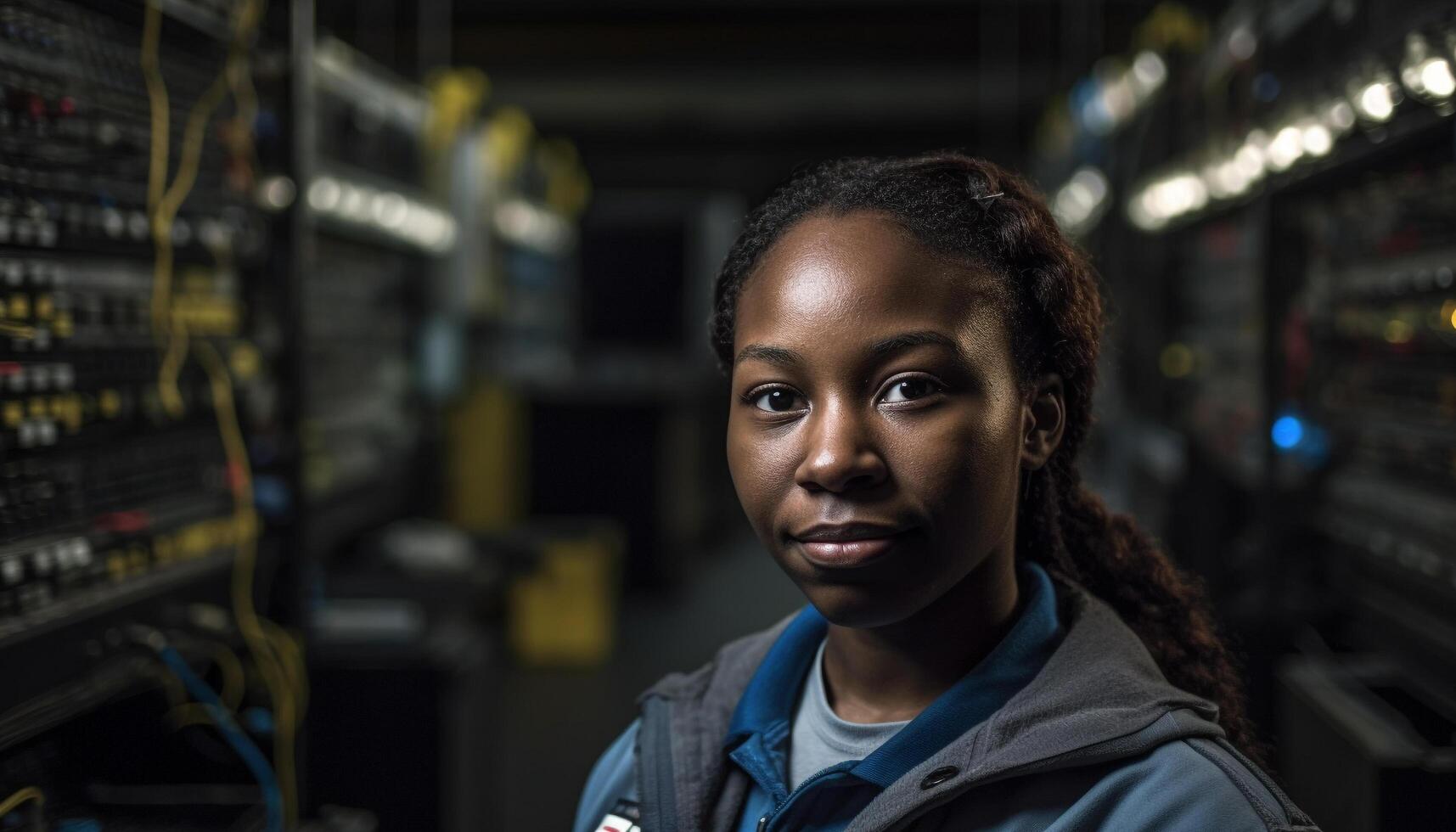 Smiling young African woman, confident, working indoors, looking at camera generated by AI photo