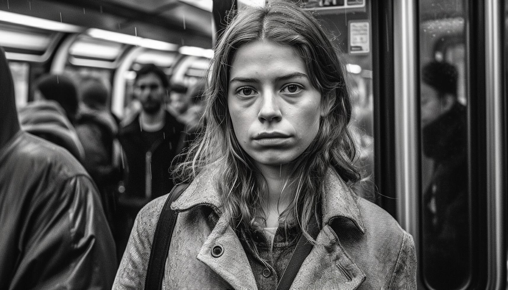 Young adults commuting in the city, looking sad on the bus generated by AI photo