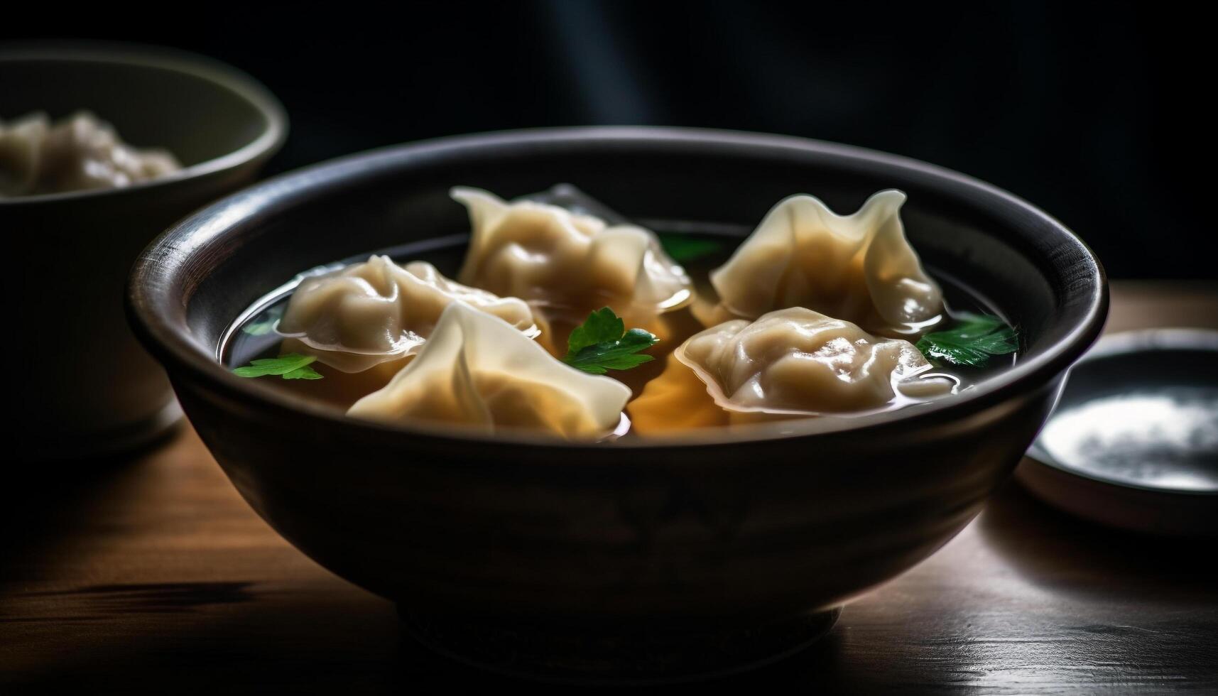 Steamed Chinese dumplings, a delicious pork filled appetizer in bamboo steamer generated by AI photo