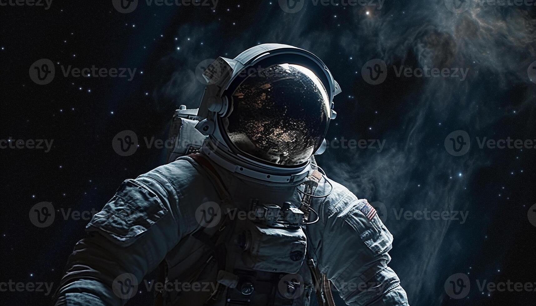 Astronaut in uniform armed with rifle explores dark galactic landscape generated by AI photo