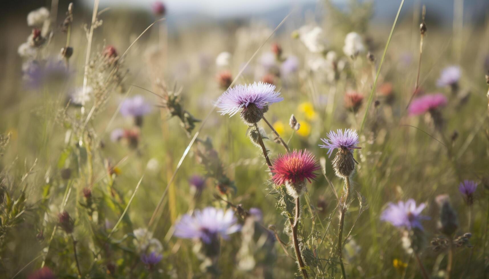 hermosa púrpura flor silvestre flores en un verde prado debajo verano Dom generado por ai foto