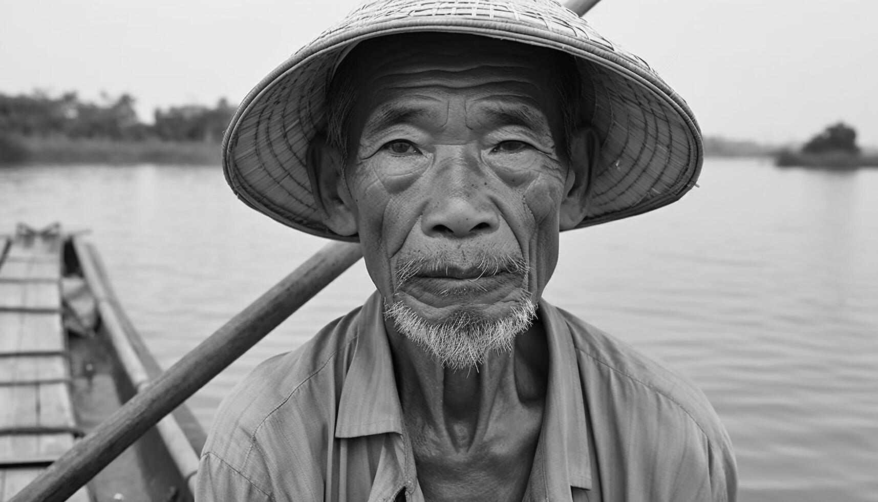 Senior adult in straw hat, looking at camera, serene in nature generated by AI photo