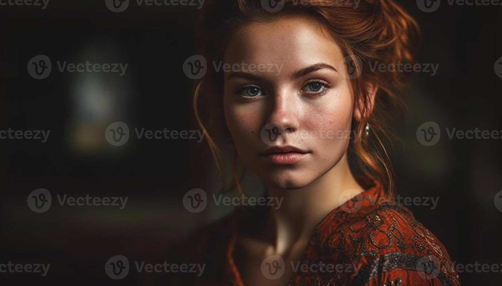 Young adult woman looking at camera with confidence and elegance generated by AI photo