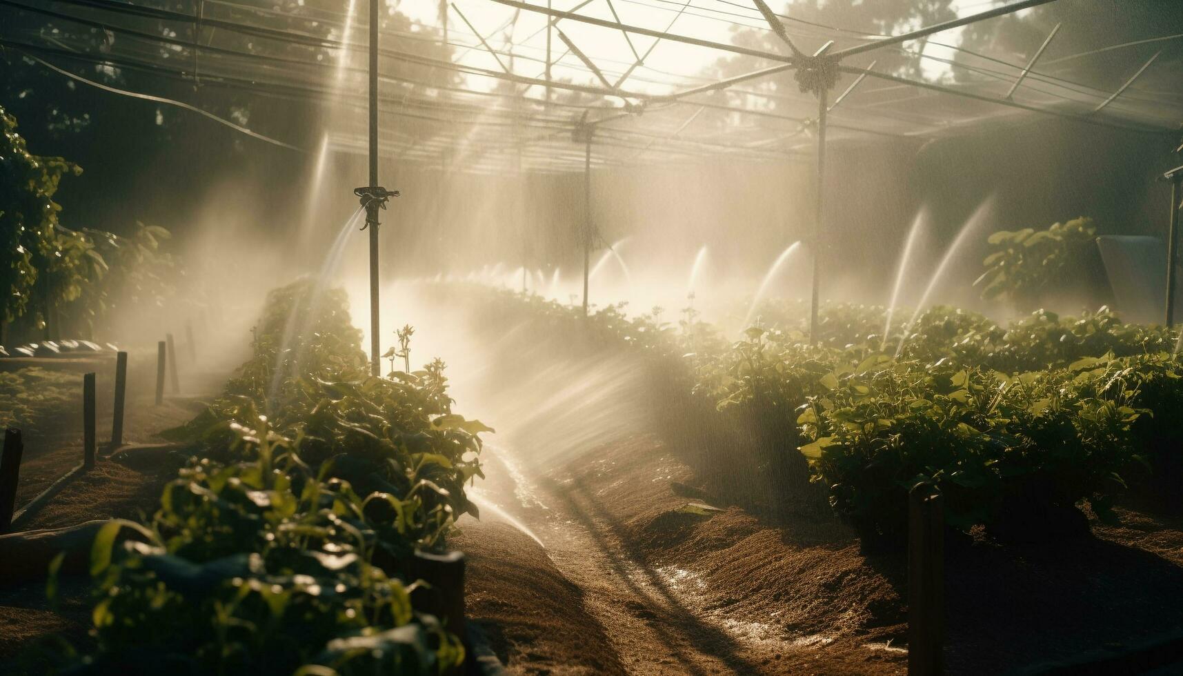 agricultura industria mojado granja, planta crecimiento, rociar agua, verde paisaje generado por ai foto