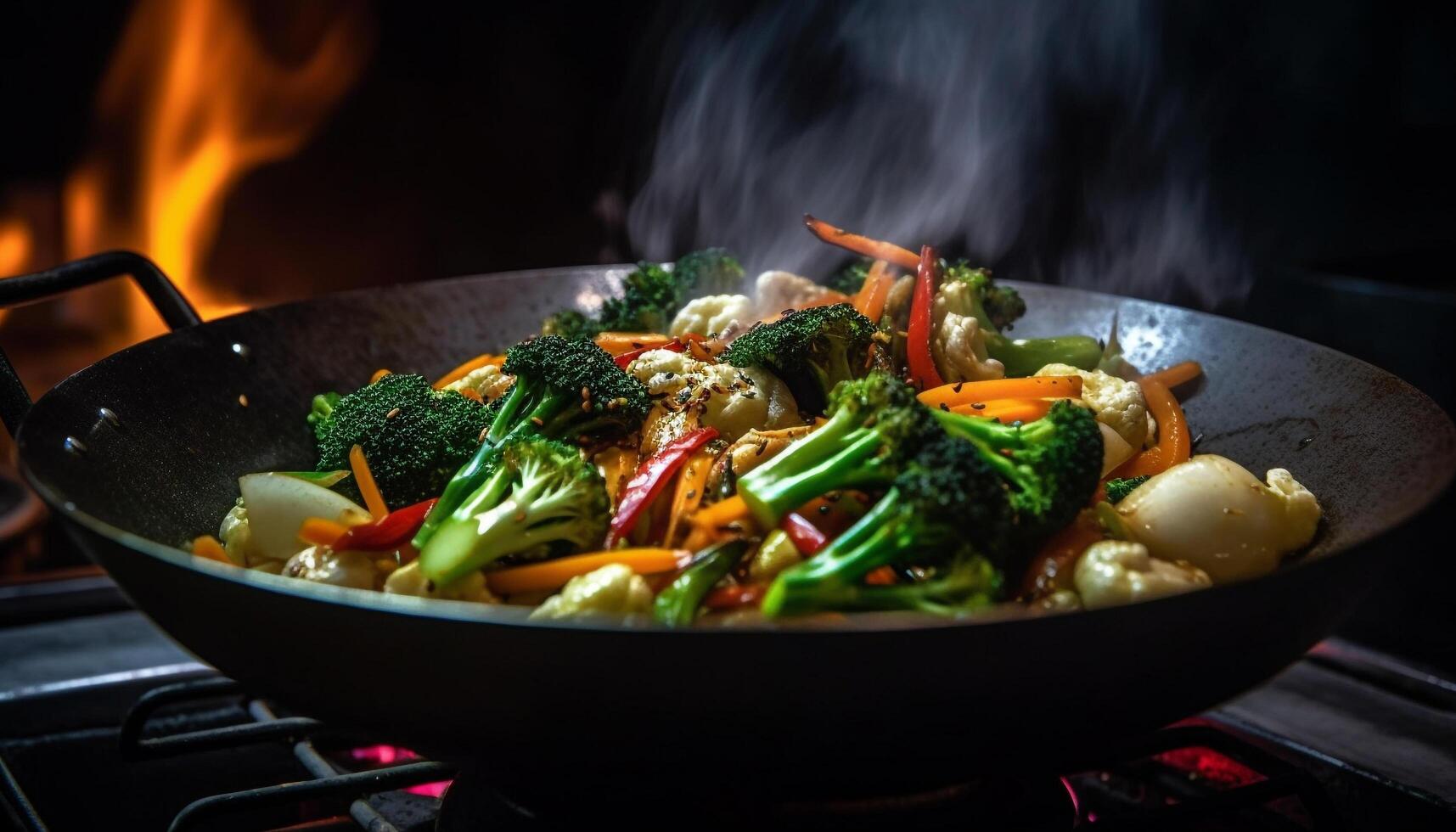 Grilled vegetable plate with fresh, healthy, stir fried broccoli and carrot generated by AI photo