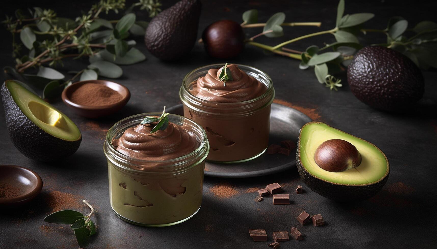 Fresh avocado fruit on a wooden table, a healthy gourmet dessert generated by AI photo
