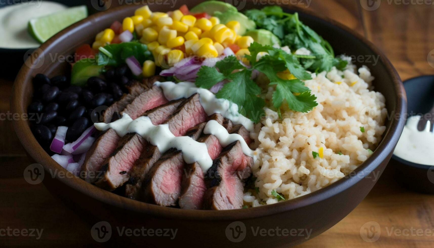 Freshness on plate healthy eating, gourmet meal, vegetarian food, cooked rice generated by AI photo