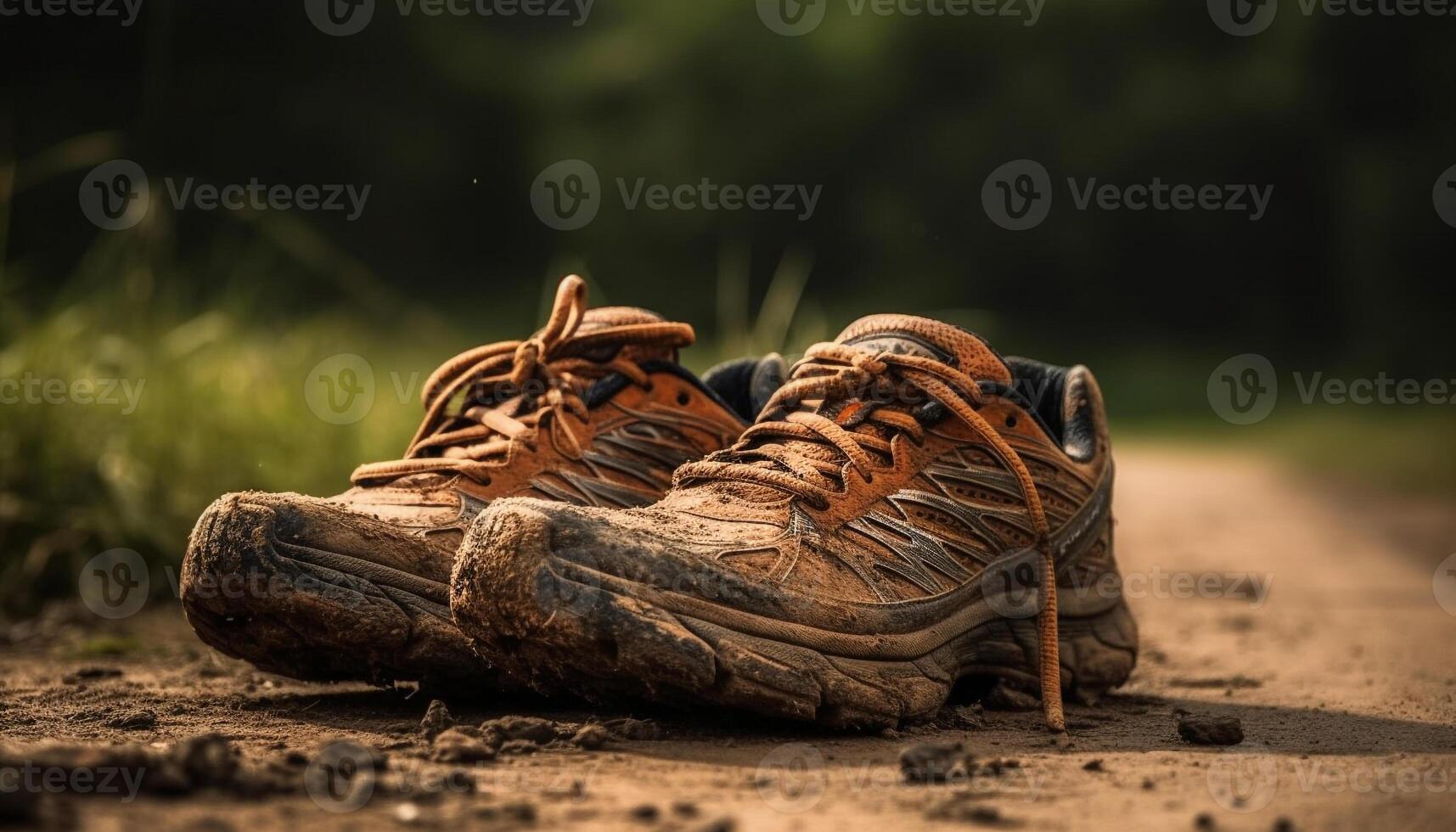 Dirty old hiking boots trudge through muddy autumn forest generated by AI photo