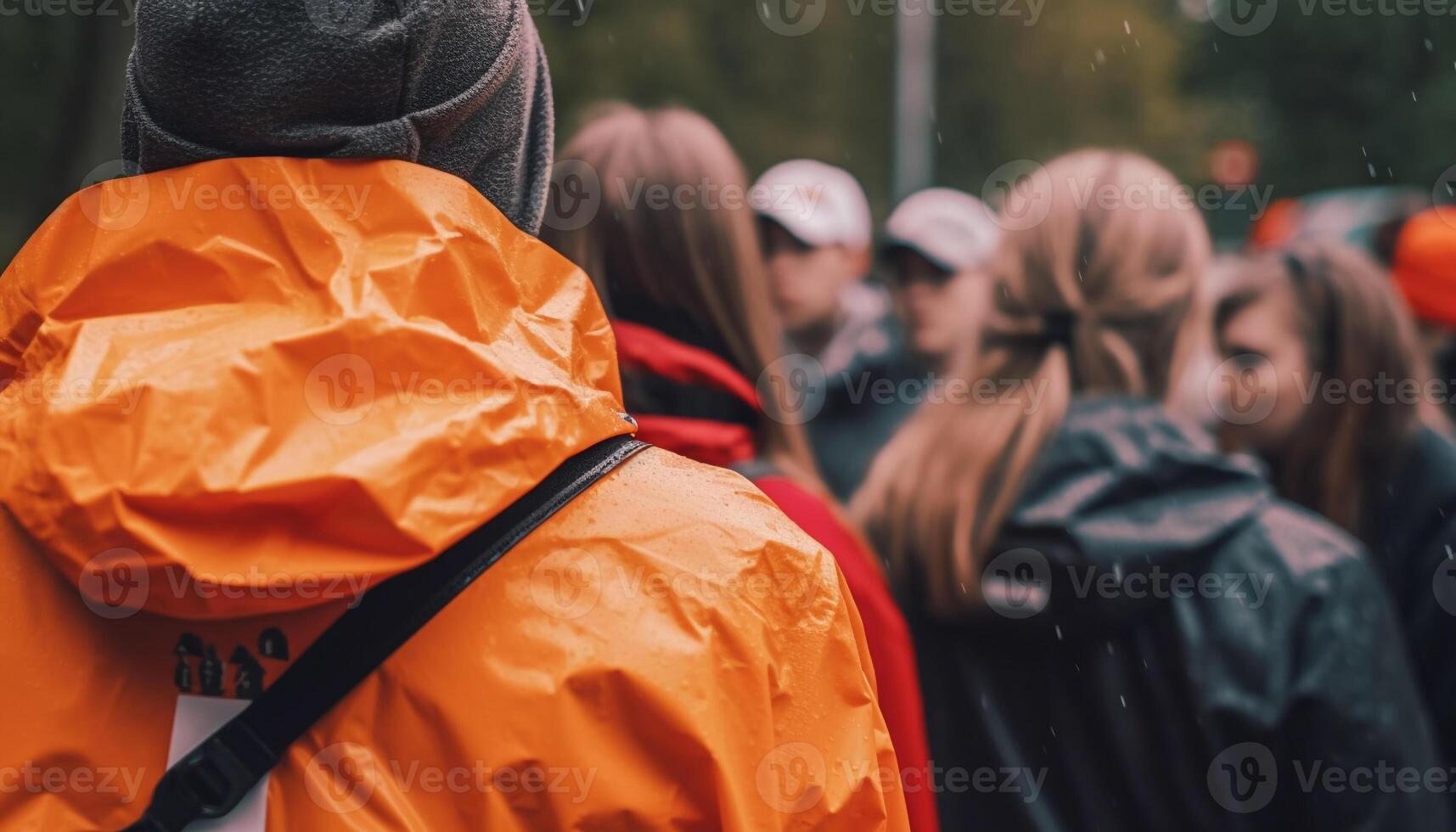 Group of people walking in the rain, enjoying nature together generated by AI photo