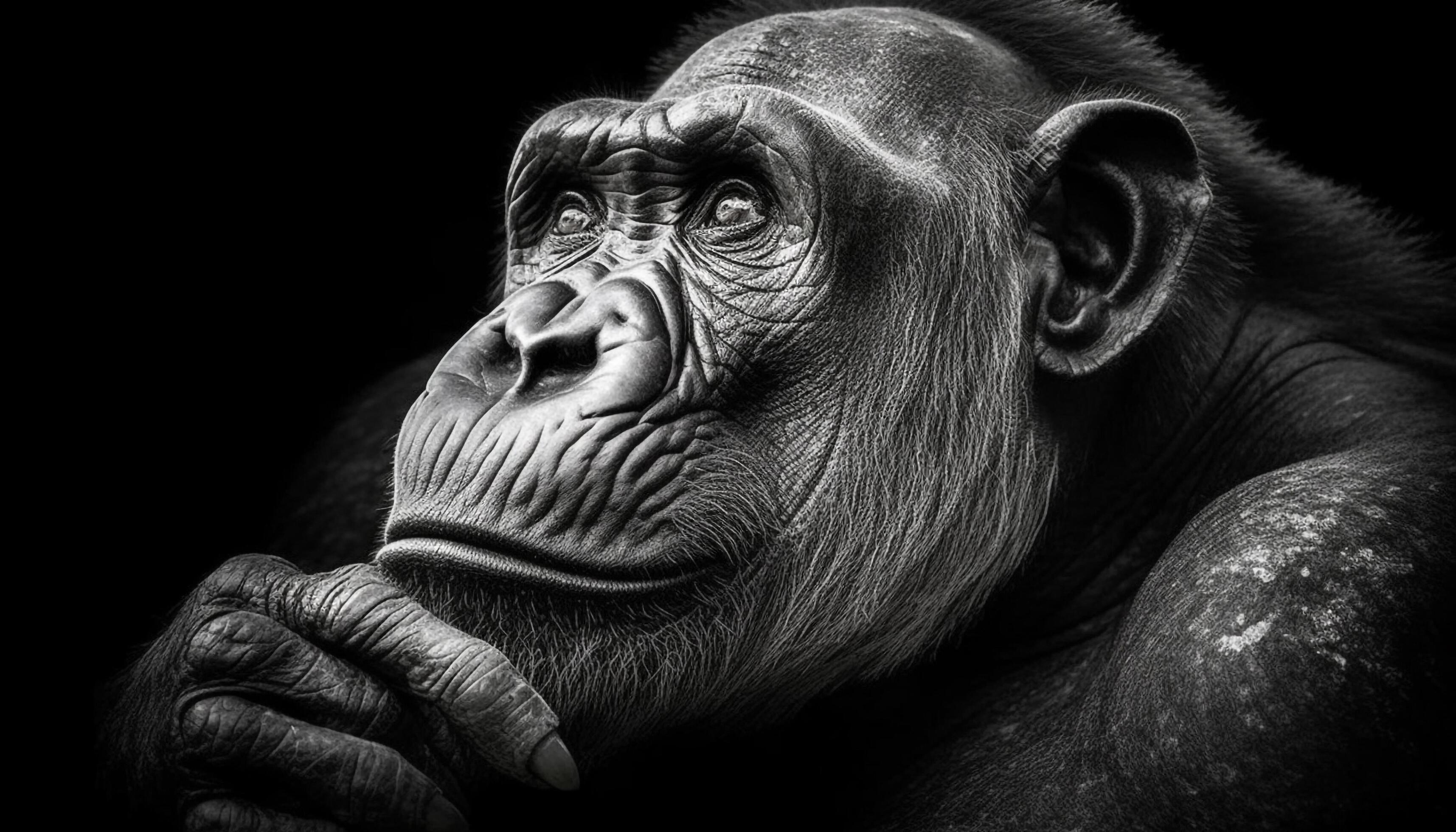 A strong, cute primate in the wild, looking at camera generated by AI