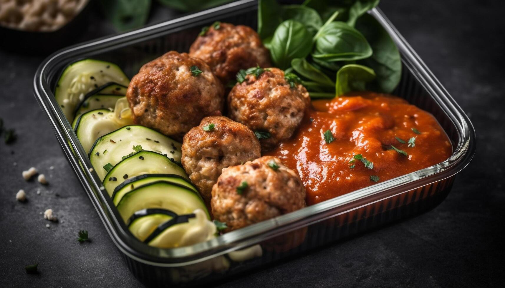 Grilled meatball plate with fresh tomato and vegetable salad generated by AI photo