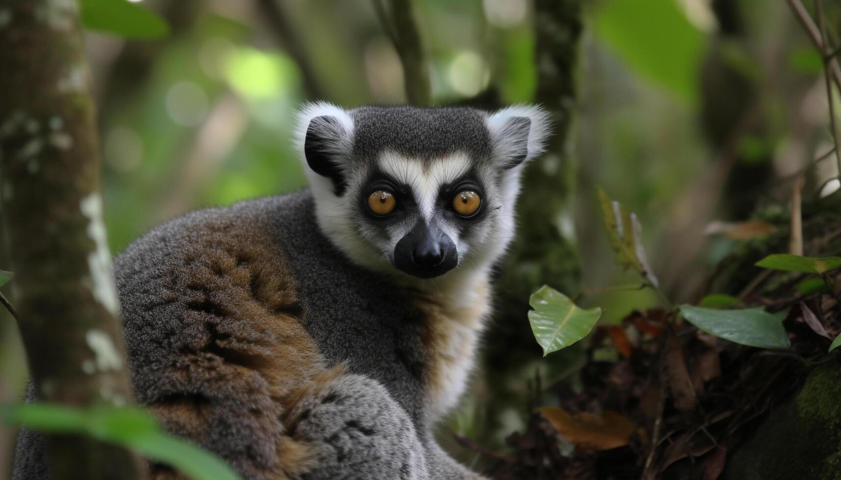 Cute lemur sitting on branch, staring with curious animal eyes generated by AI photo