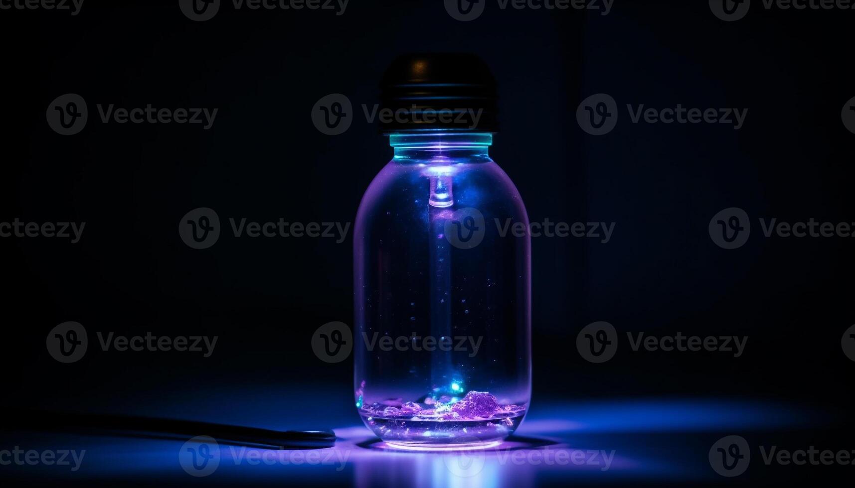 Blue glass bottle with glowing liquid reflects bright illuminated background generated by AI photo