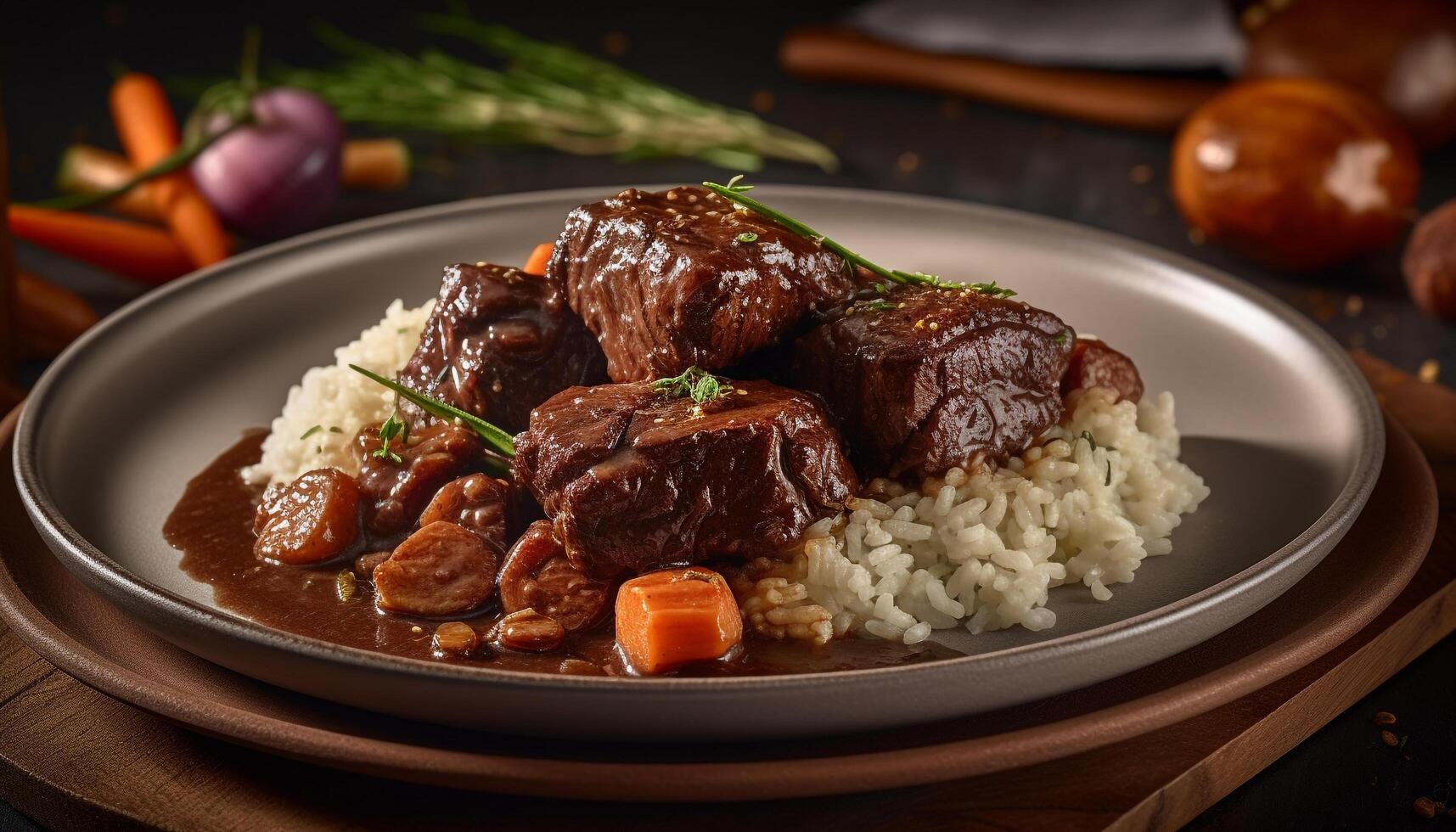 Grilled meat on a plate, cooked to perfection, ready to eat generated by AI photo