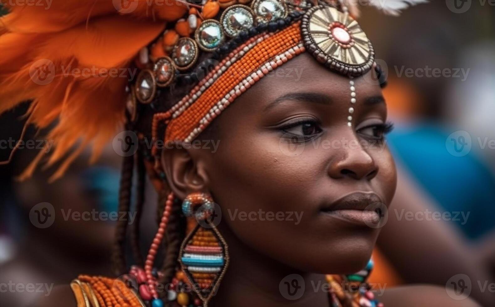 Young African woman in traditional clothing smiles, showcasing indigenous culture generated by AI photo