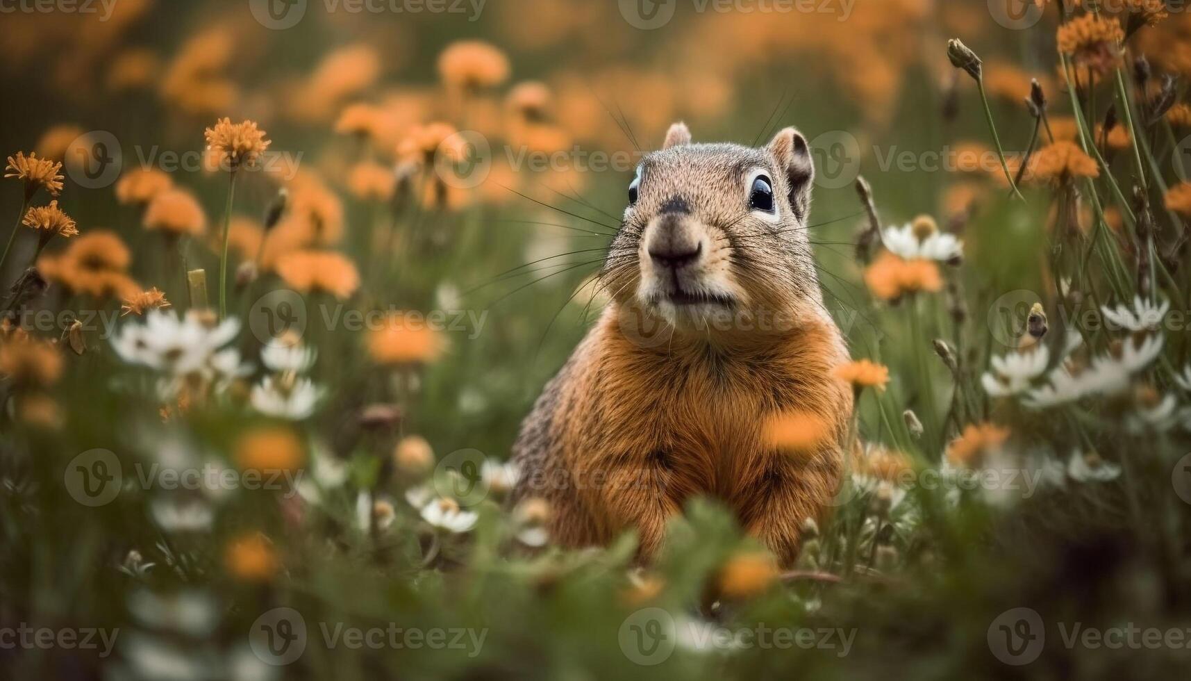 Cute mammal sitting on grass, looking at camera in nature generated by AI photo