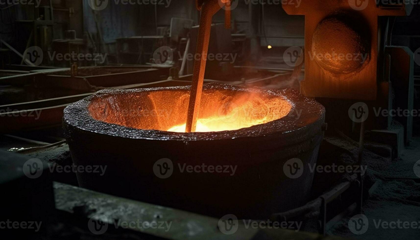 Melting metal, pouring liquid steel, releasing glowing flame, industrial equipment generated by AI photo