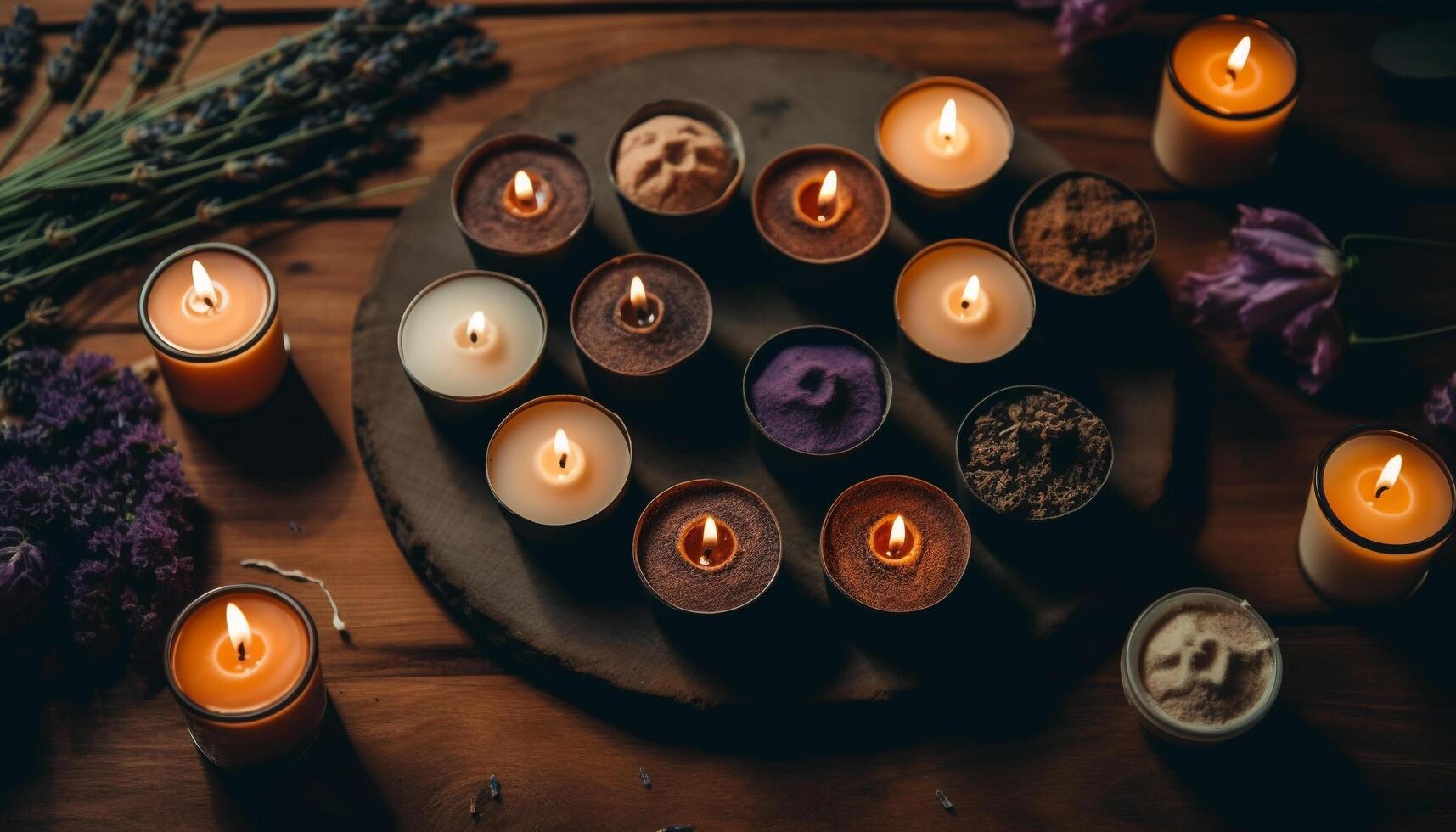A glowing candle brings relaxation and tranquility to the dark generated by AI photo