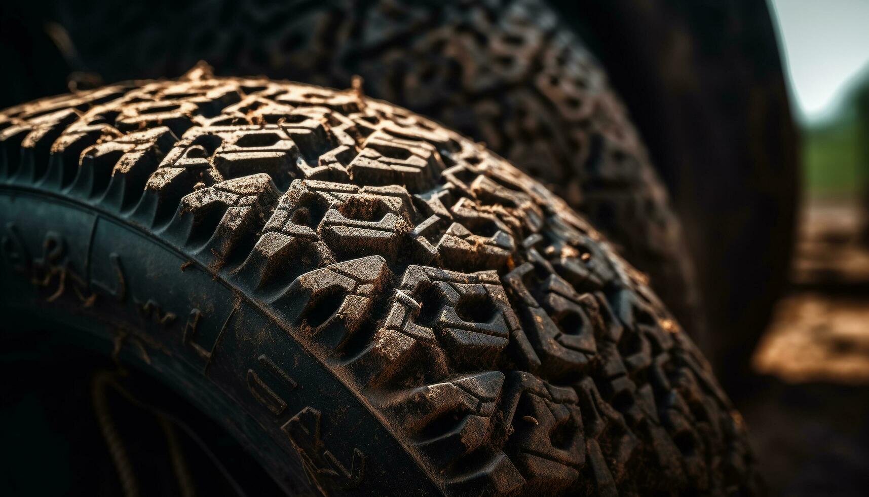 Dirty rubber tire on wet road, speeding car in background generated by AI photo