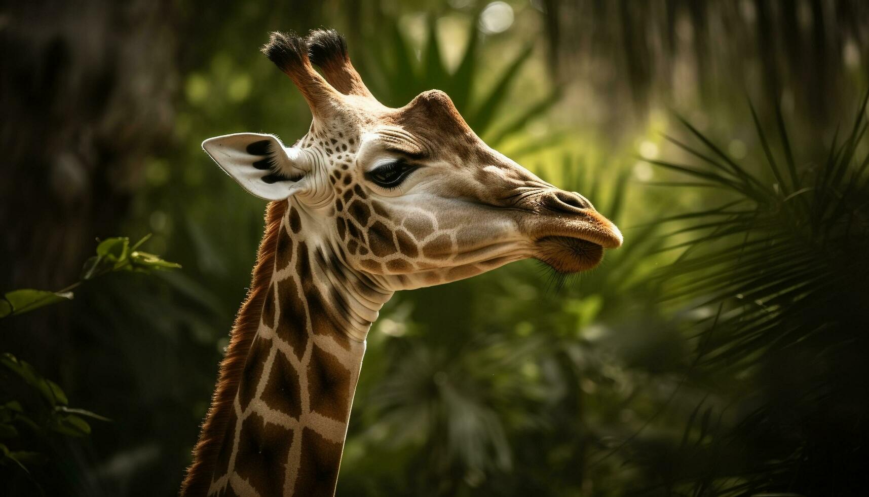 Giraffe in nature, close up, looking at camera, standing in grass generated by AI photo