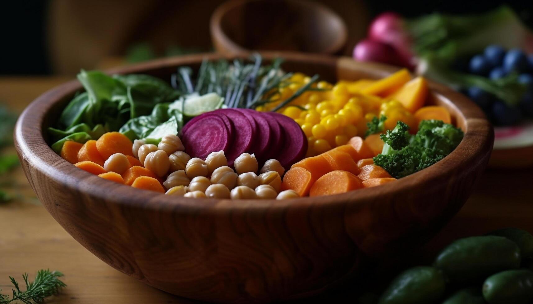 Fresh, healthy salad with a variety of vegetables on wooden table generated by AI photo
