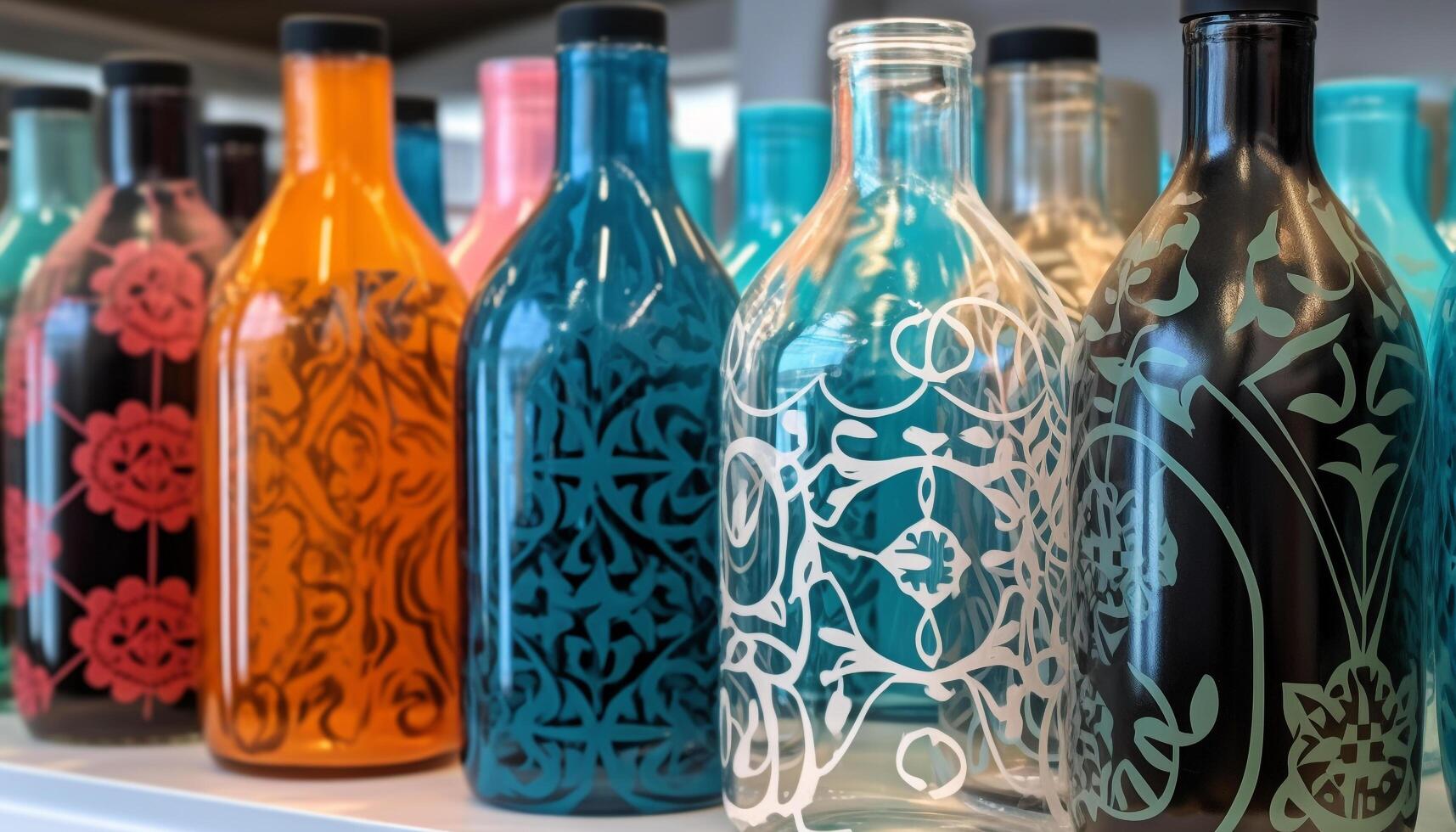 A vibrant collection of multi colored glass bottles in a row generated by AI photo