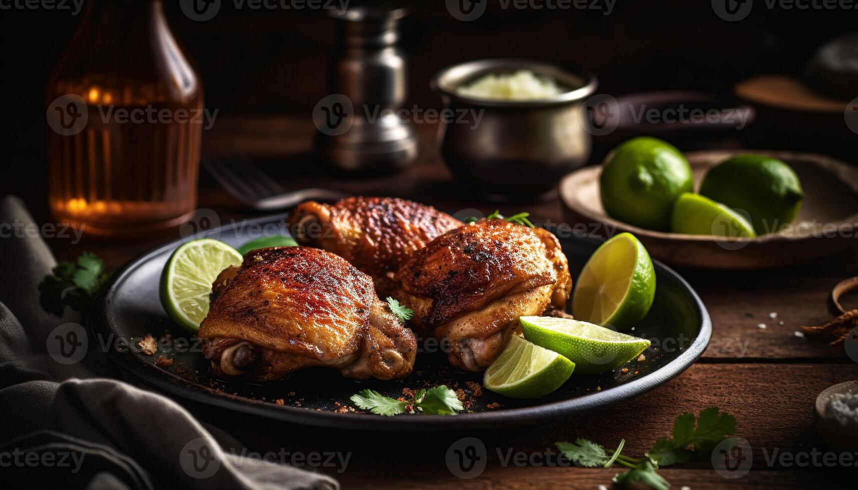 Grilled chicken leg with fresh lime, spice, and homemade sauce generated by AI photo