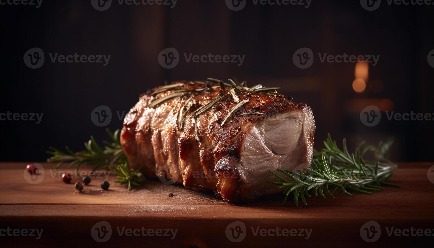 Grilled pork steak on rustic wooden table, fresh and delicious generated by AI photo