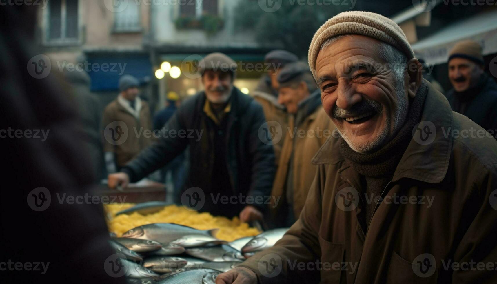 Smiling adults outdoors, selling fish, enjoying the cold autumn weather generated by AI photo