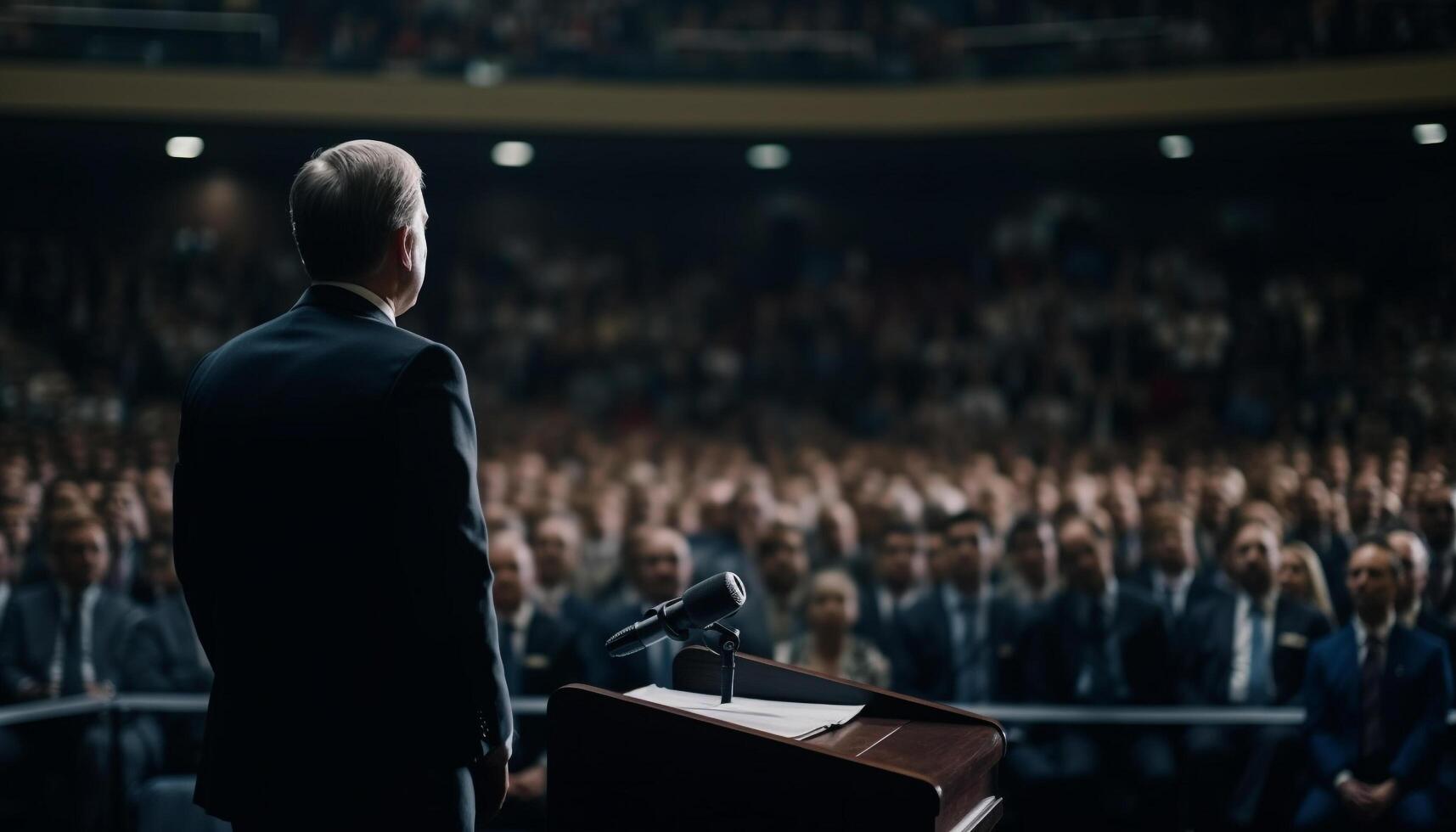 empresario en etapa dando un presentación a un grande audiencia generado por ai foto