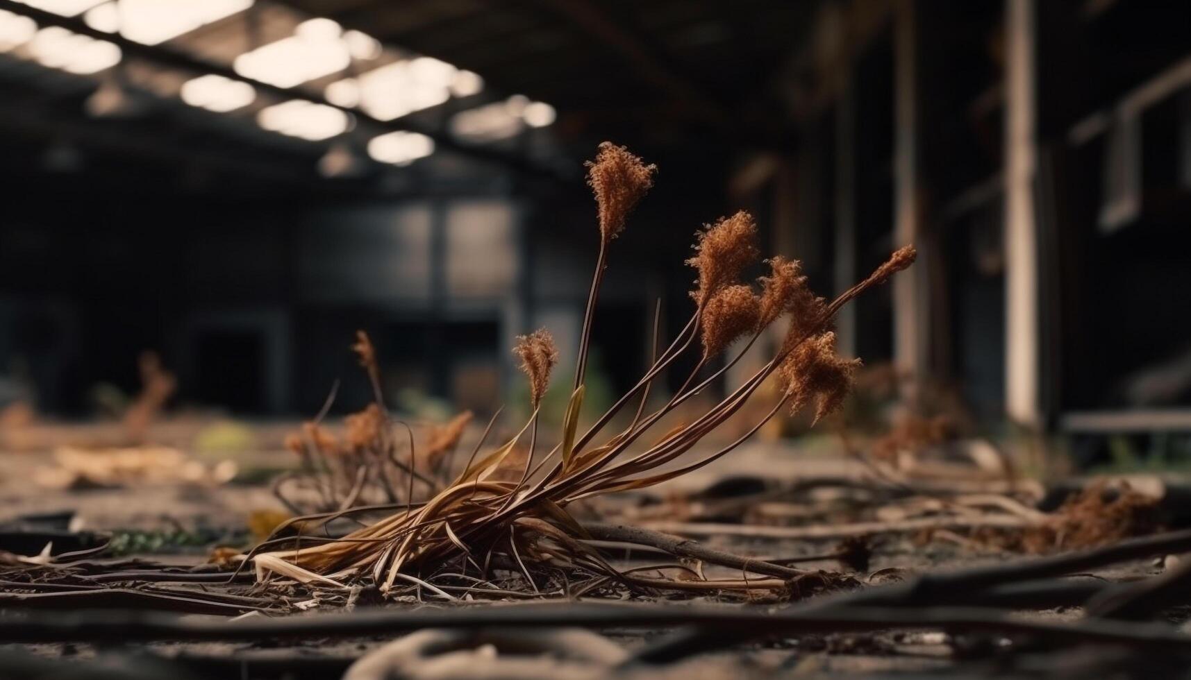 Abandoned factory in the forest, rusty equipment, nature reclaiming industry generated by AI photo