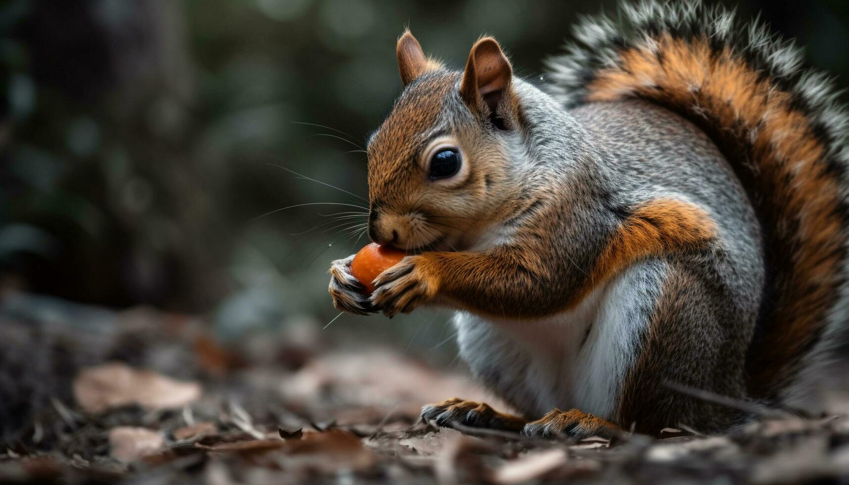 un linda mullido ardilla comiendo un nuez en el otoño bosque generado por ai foto