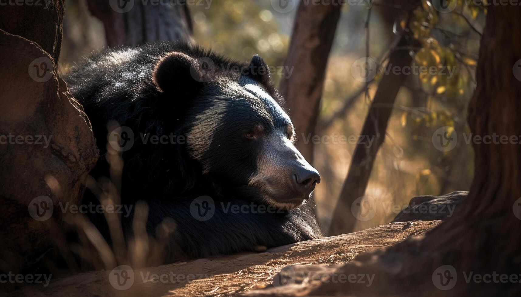 Large, cute canine sitting in the forest, focusing on the tree generated by AI photo
