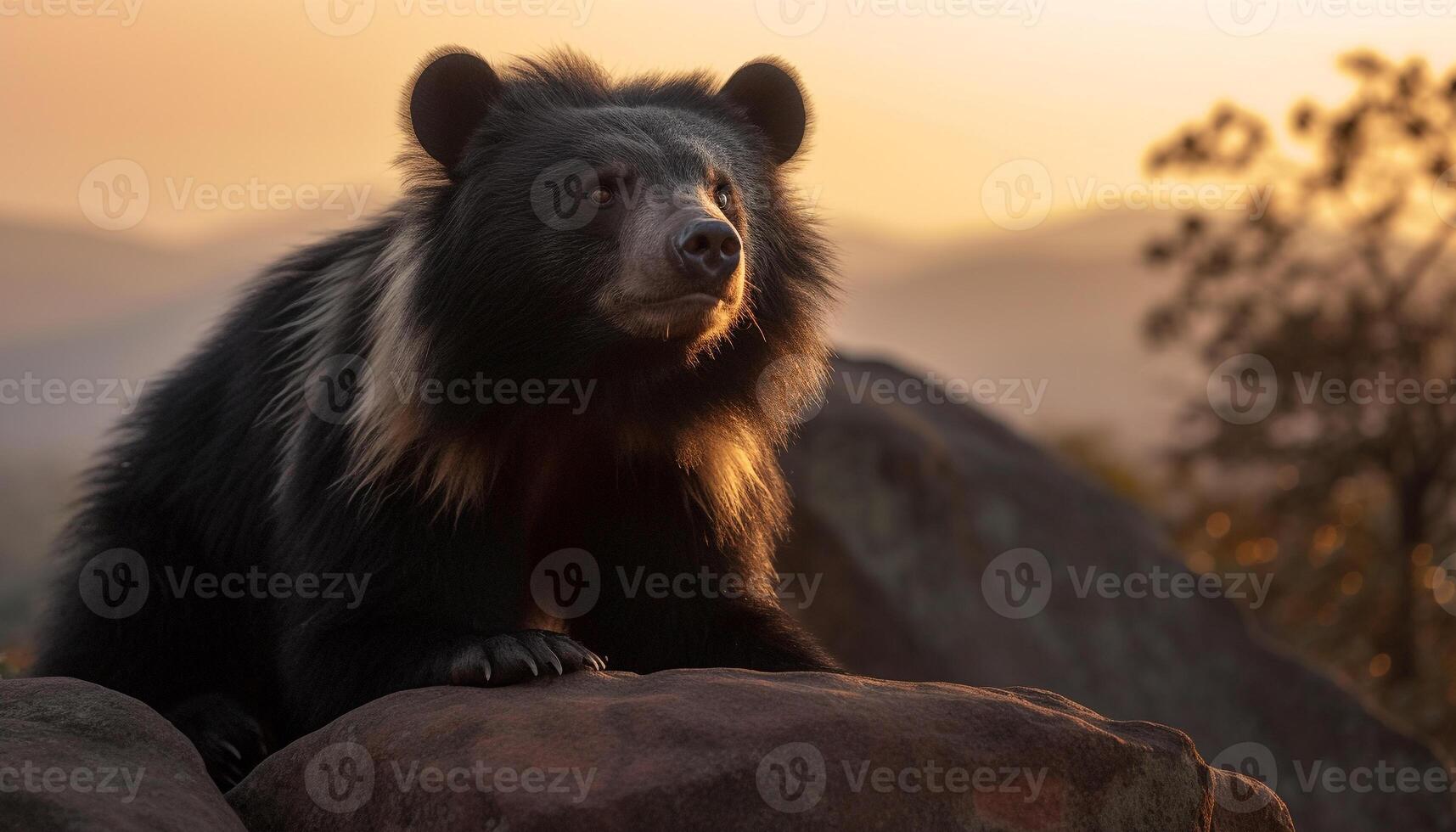 majestuoso mamífero sentado en césped, mirando a puesta de sol en bosque generado por ai foto