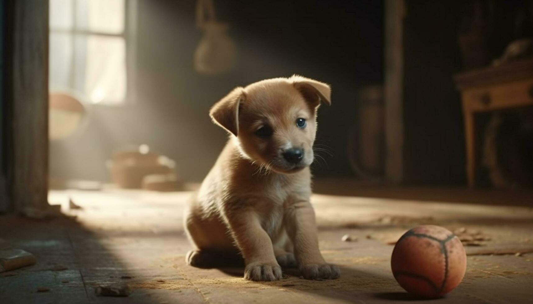 Cute small puppy playing with toy, looking at camera indoors generated by AI photo