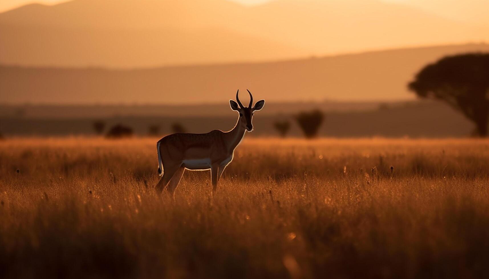 Sunset over the African savannah, a tranquil scene of wildlife grazing generated by AI photo