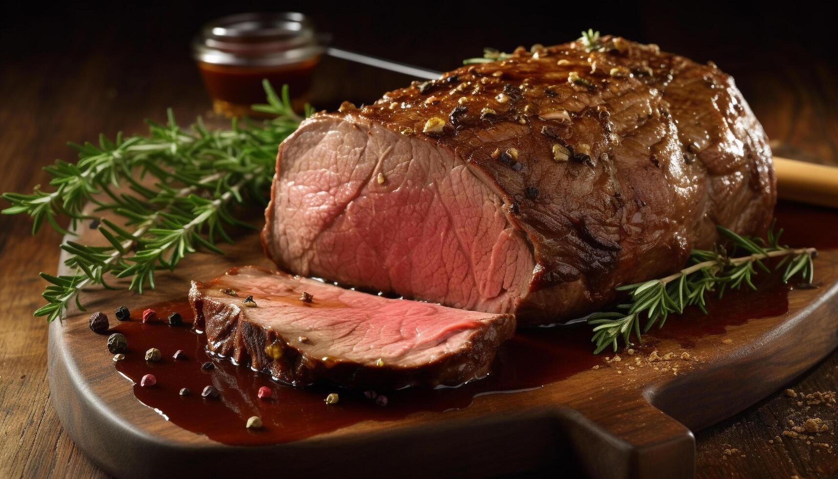 Freshly grilled gourmet steak on a dark wooden cutting board generated by AI photo