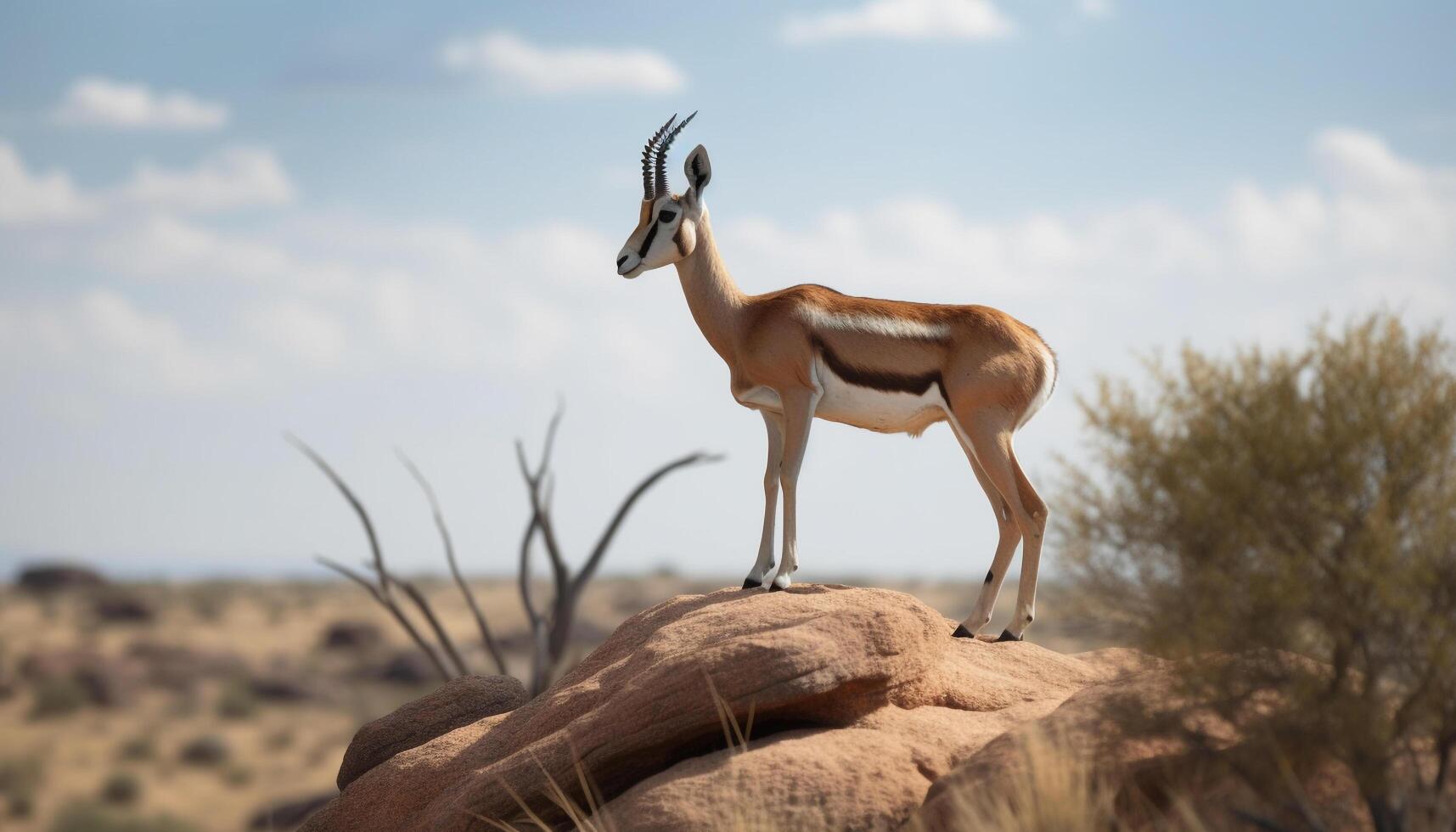 Standing springbok in the African savannah, alertness in its eyes generated by AI photo