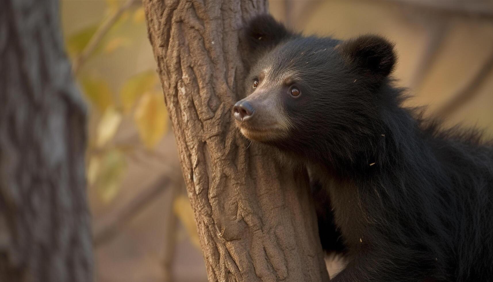 Cute panda sitting on a branch, looking at camera, outdoors generated by AI photo