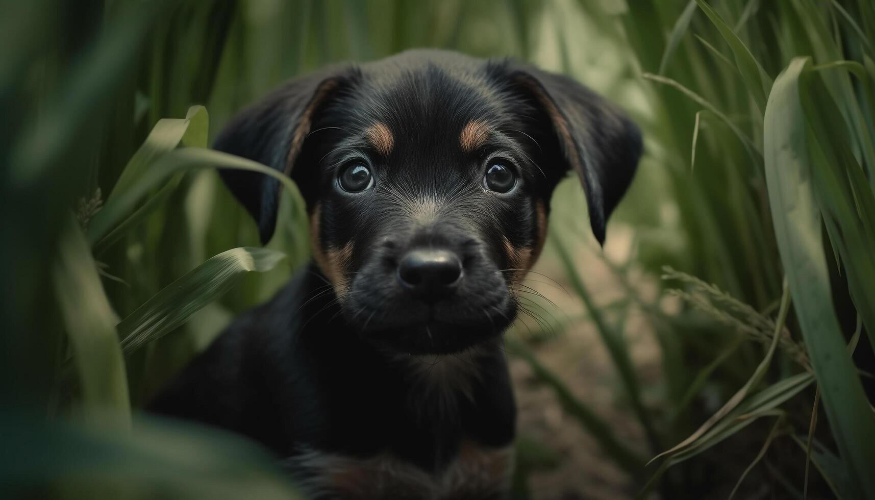 Cute puppy sitting on green grass, looking at camera generated by AI photo